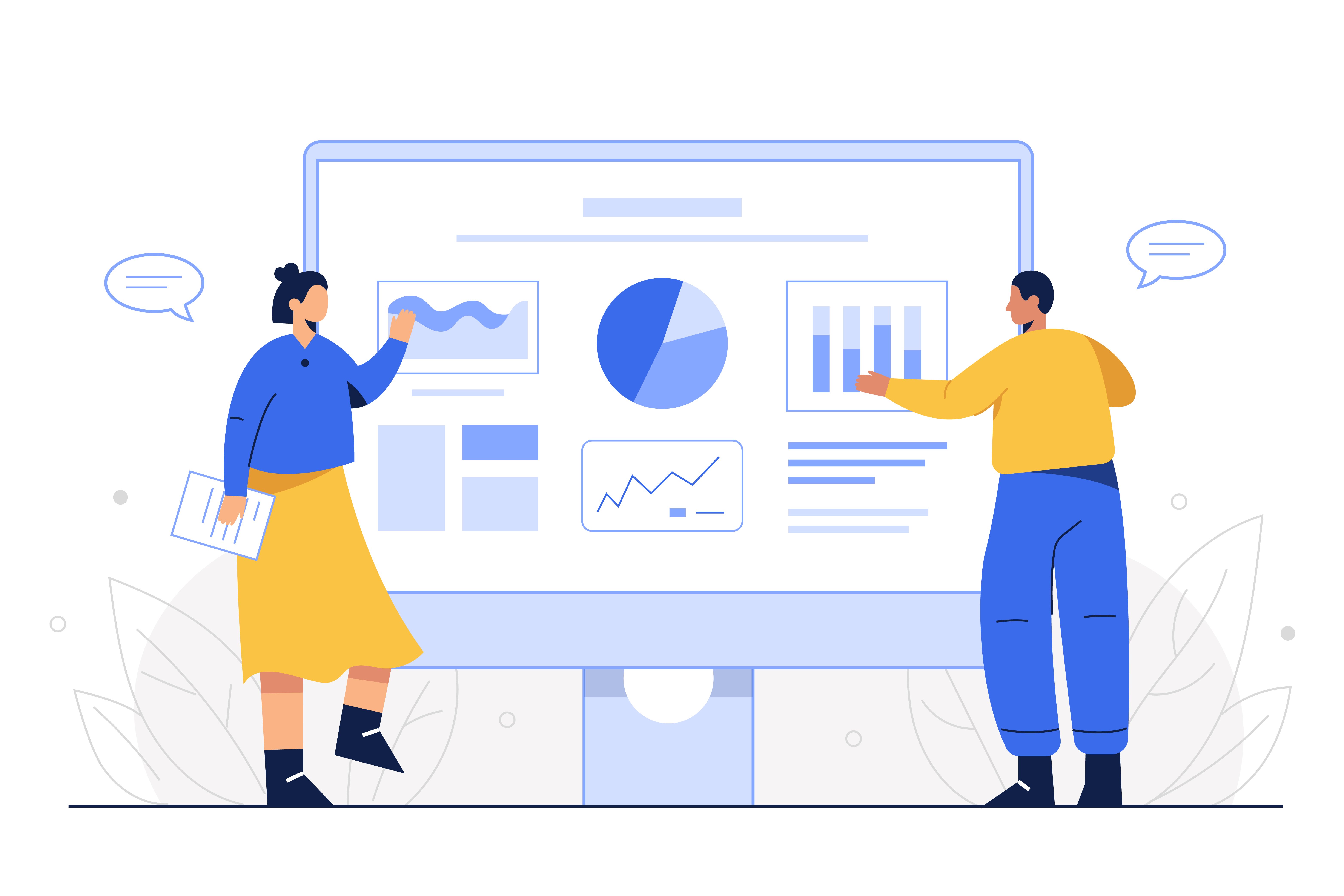 Illustration of two people working on data and analytics