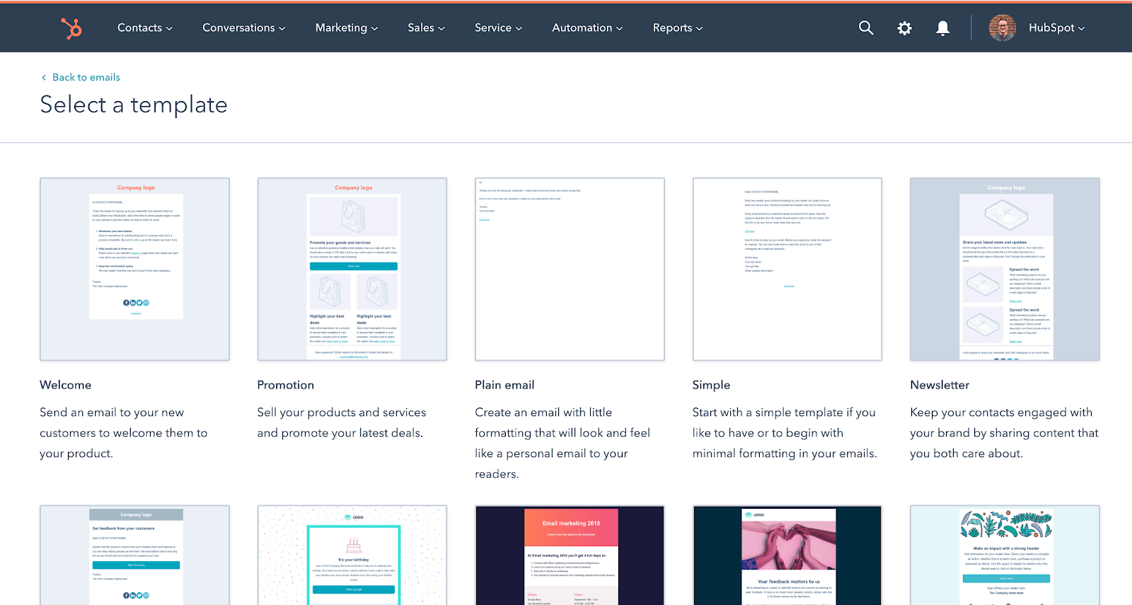 screenshot of Hubspot template selection page