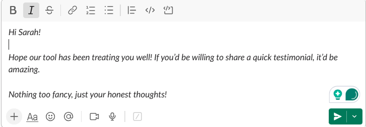 Screenshot of a slack draft