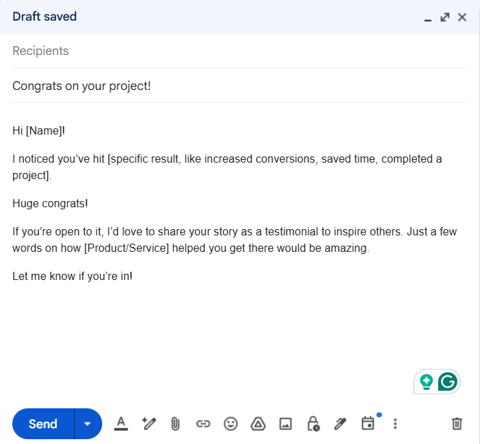 Screenshot of a mail draft of a testimonial request