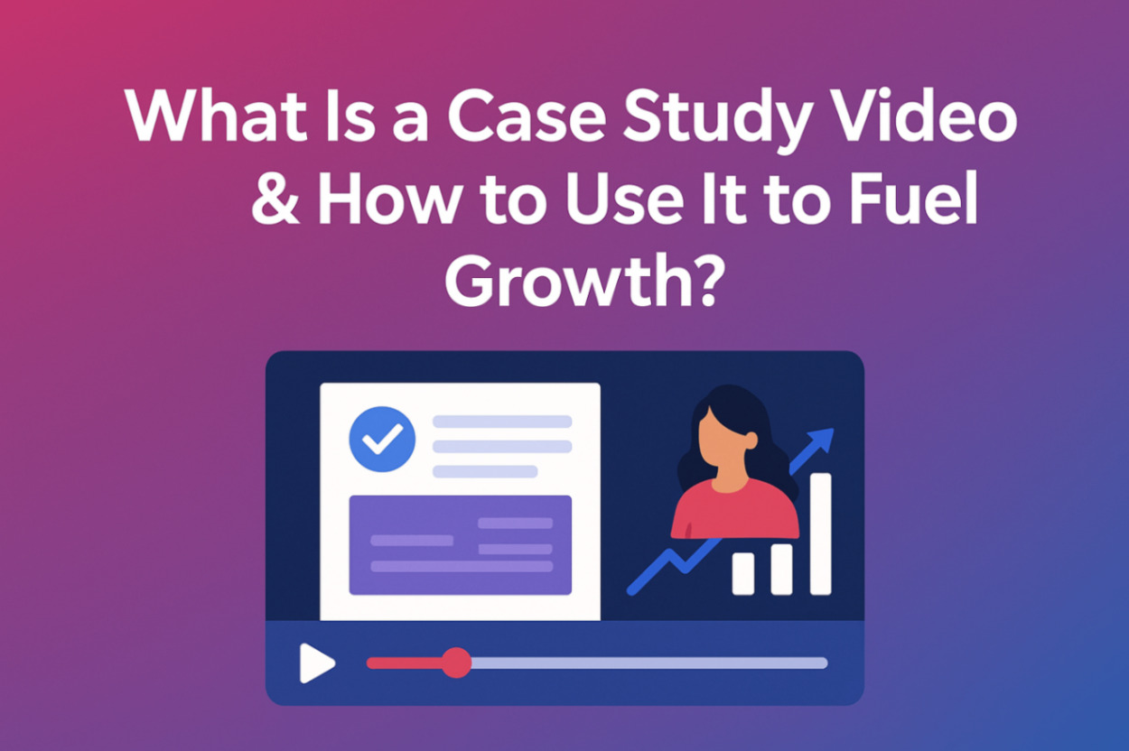 Blog cover with gradient background, bold text, and video player showing a case study document, customer, and growth chart