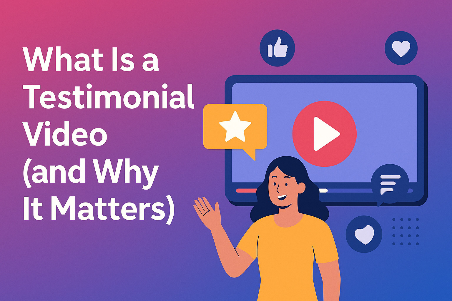 Blog cover with gradient background, bold text, video player, and customer giving a testimonial with social icons