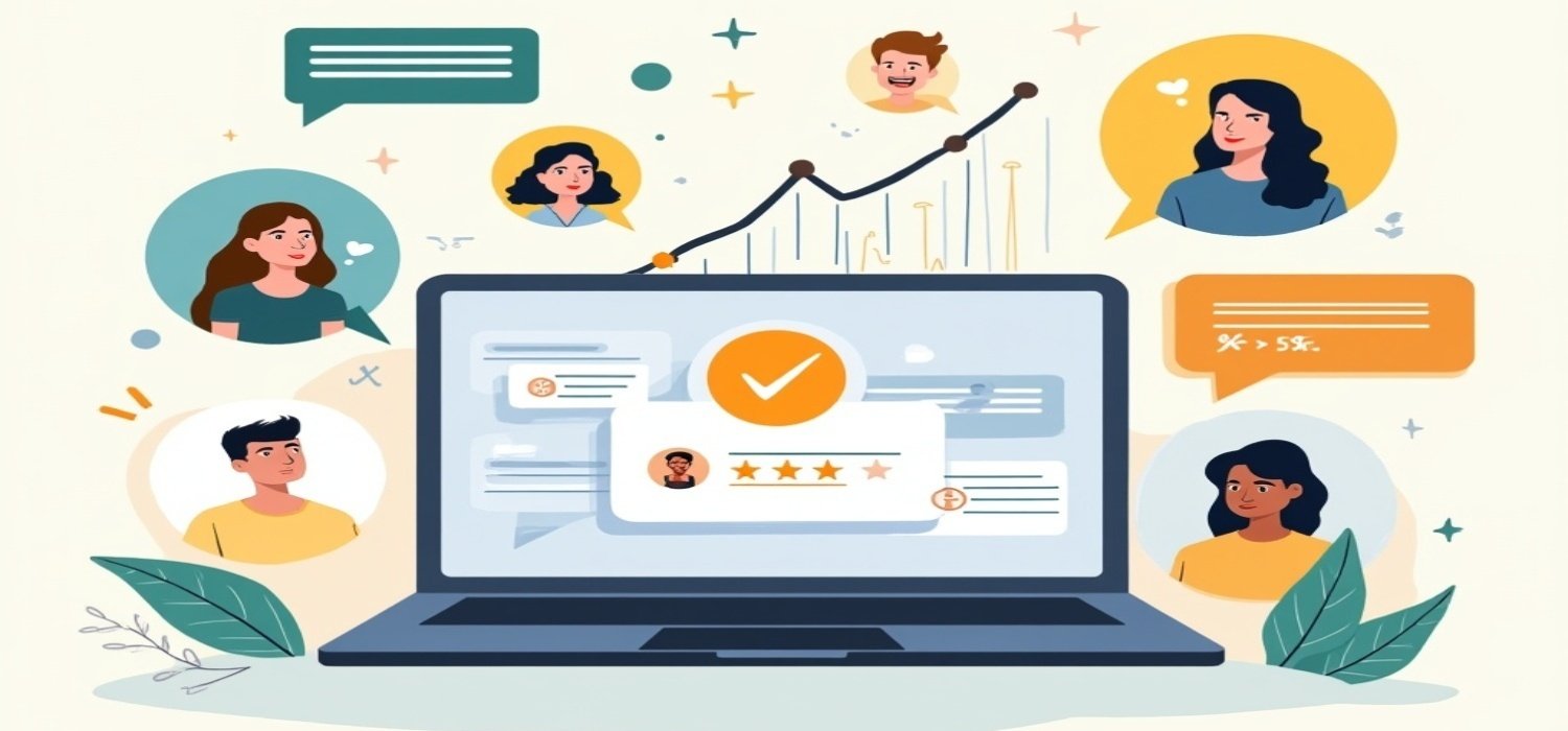 Illustration showing diverse customers giving positive feedback through quotes, videos, and ratings, visually highlighting how testimonials drive trust and conversions.
