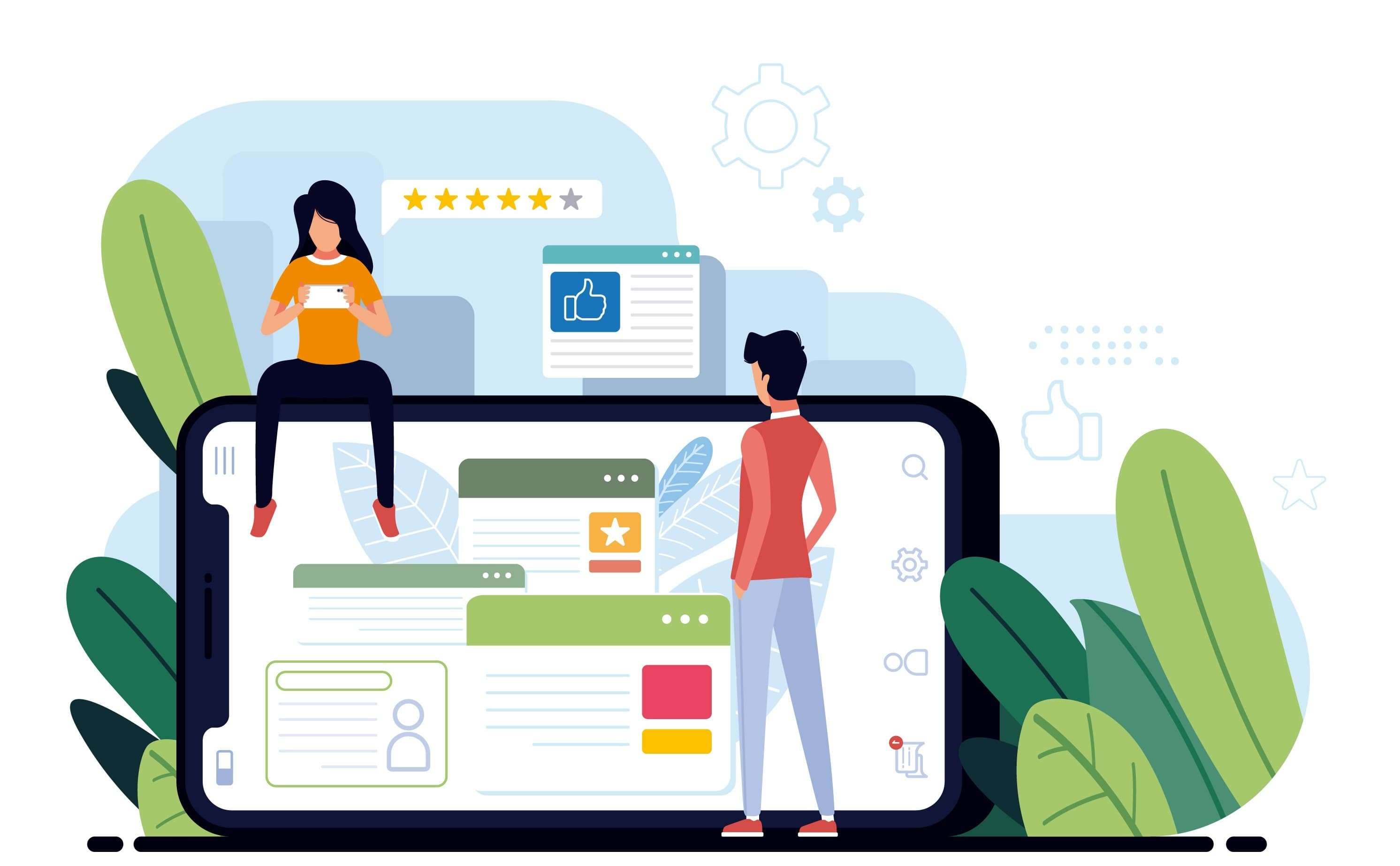 illustration displaying two people giving reviews on a big screen