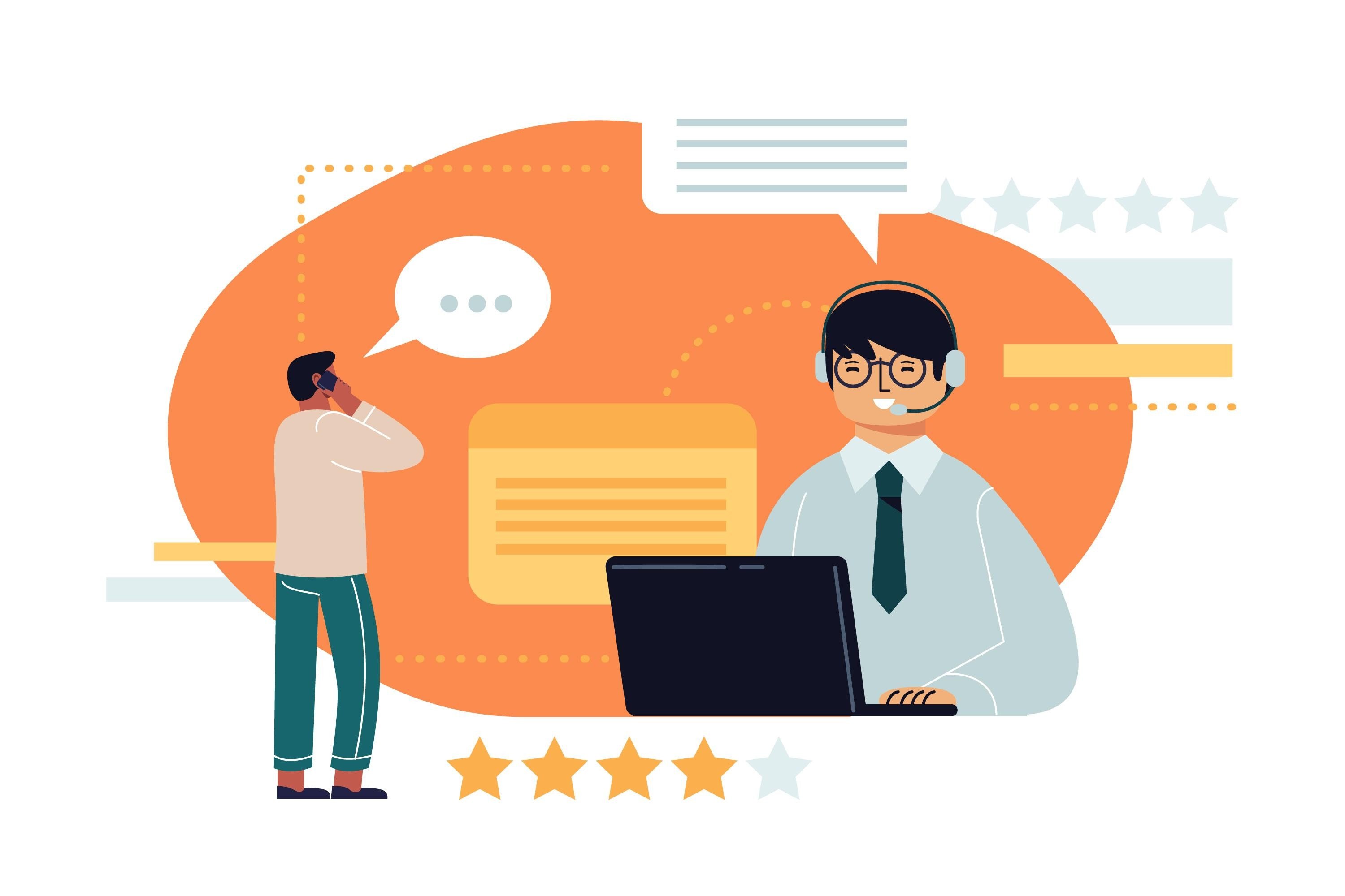 Illustration of a customer giving feedback and a man with laptop
